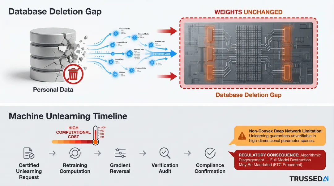 AI right-to-erasure paradox showing model training data deletion technical barriers