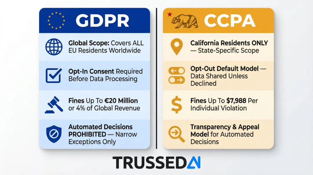 GDPR versus CCPA compliance framework side-by-side comparison infographic