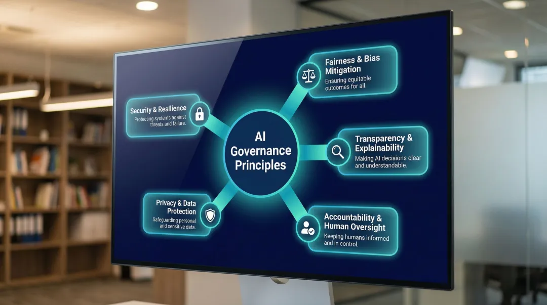 Five core AI governance principles from fairness to security explained visually
