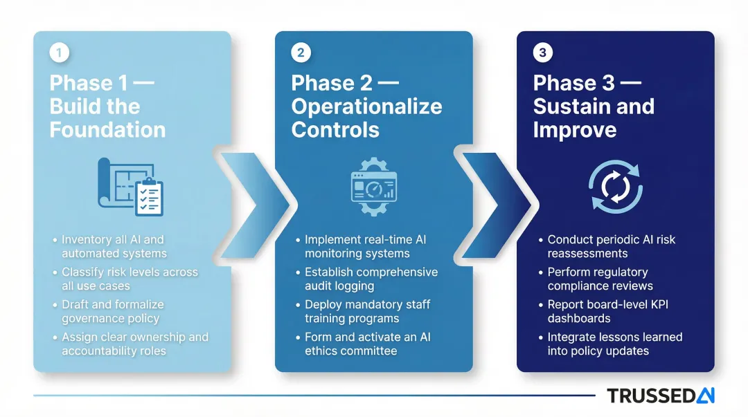 Three-phase AI governance implementation roadmap from foundation to continuous improvement