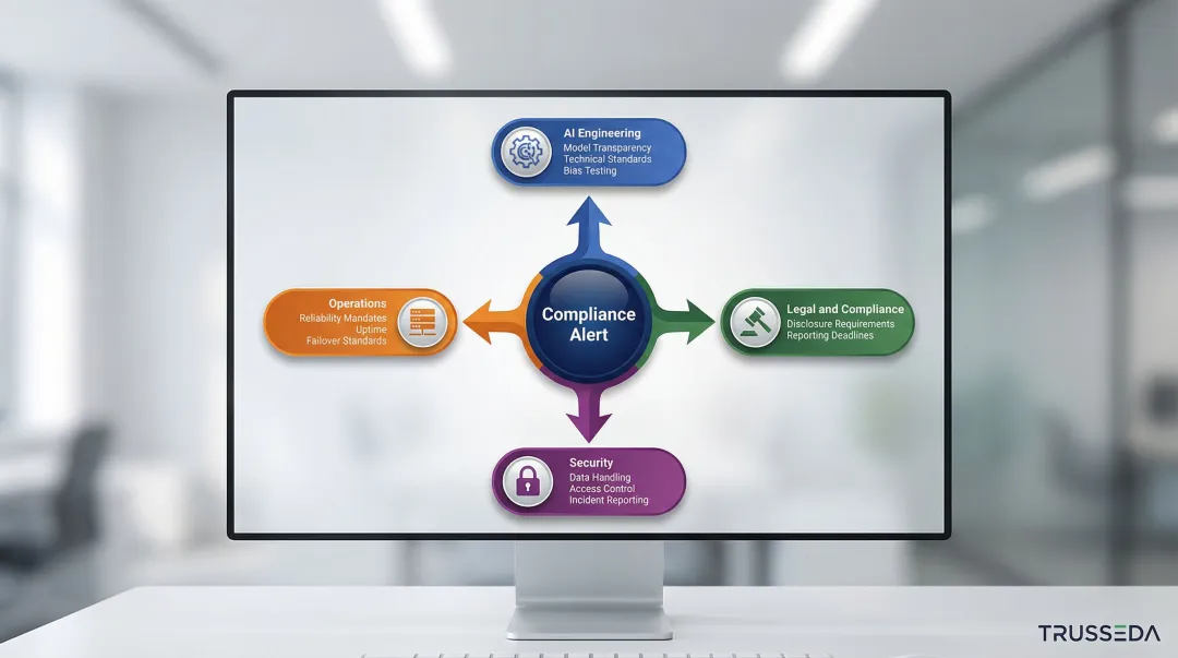 Role-based AI compliance alert routing diagram showing four team assignment paths