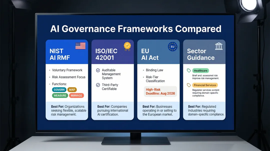 Global AI governance frameworks comparison NIST ISO 42001 EU AI Act sector guidance overview
