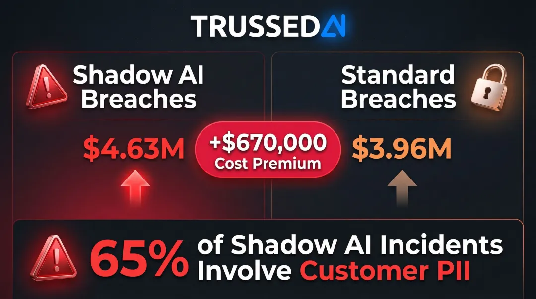 Shadow AI breach cost comparison infographic showing 670000 dollar premium over standard breaches