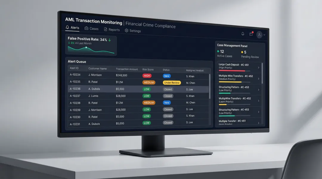 AI transaction monitoring dashboard displaying flagged alerts and false positive reduction metrics