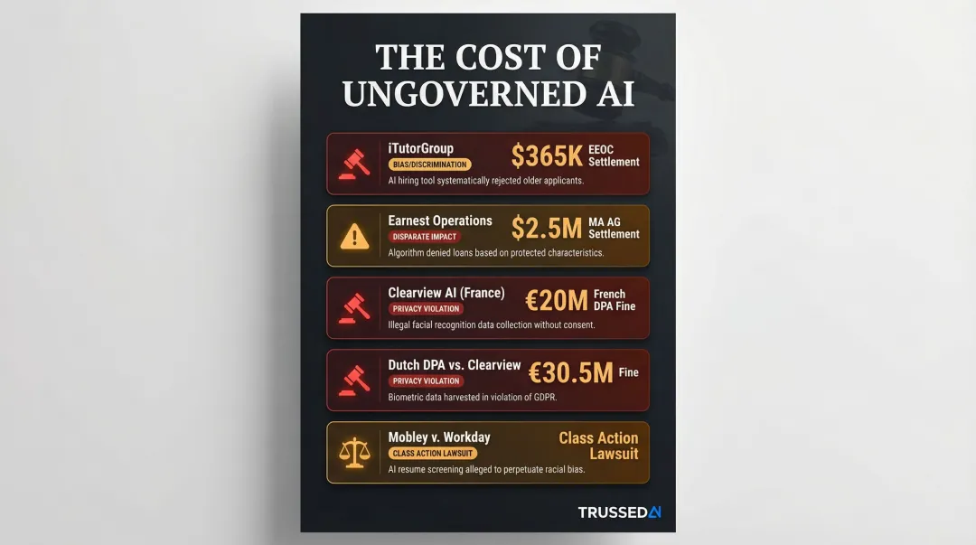 Five real-world AI governance failure examples with regulatory fines and penalties
