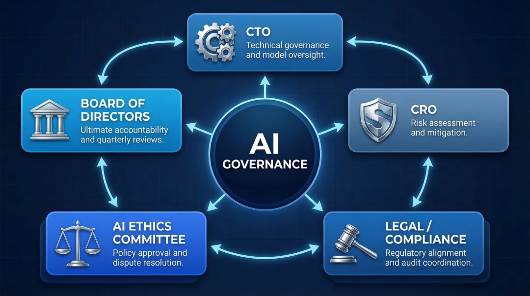Enterprise AI governance roles and responsibilities across five cross-functional positions