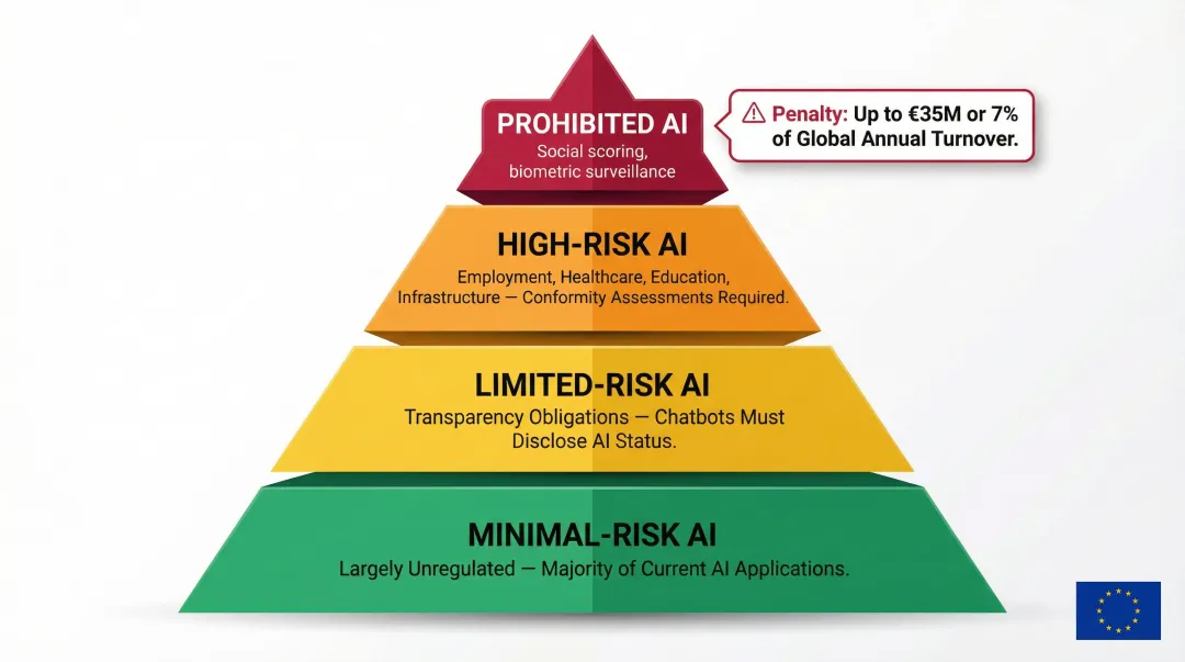 EU AI Act four-tier risk classification pyramid from prohibited to minimal risk