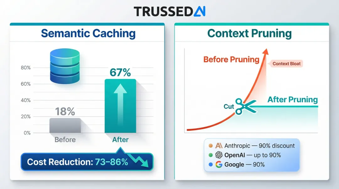 Semantic caching and context pruning cost reduction results showing 73 to 86 percent savings