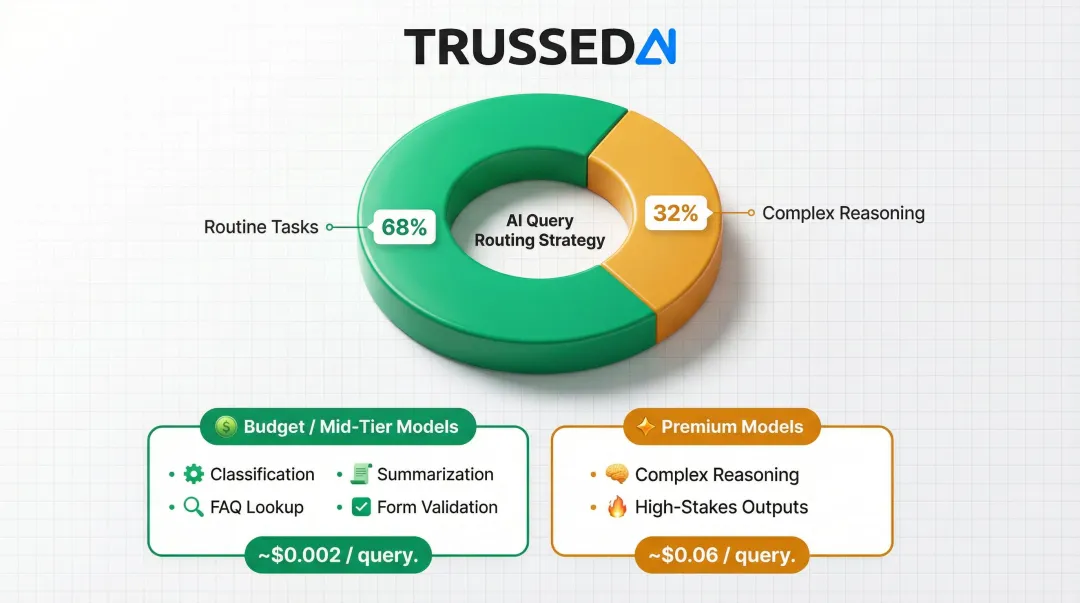 AI model routing strategy showing 68 percent routine tasks versus premium model use cases