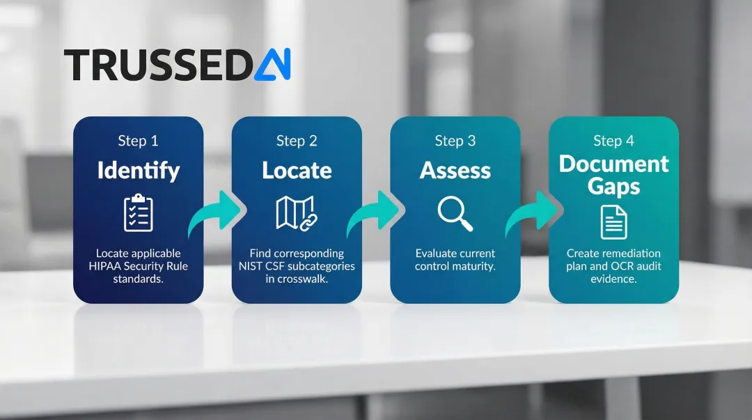 Four-step HIPAA NIST crosswalk gap analysis operational process flow