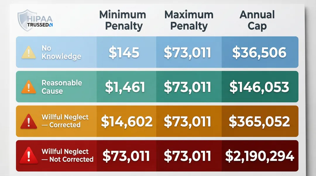 HIPAA violation penalty tiers four-level fine structure annual caps infographic