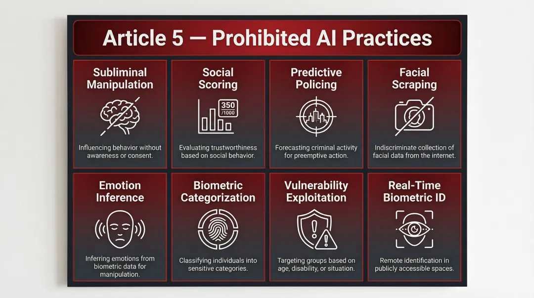 Eight EU AI Act prohibited practices banned under Article 5 overview infographic