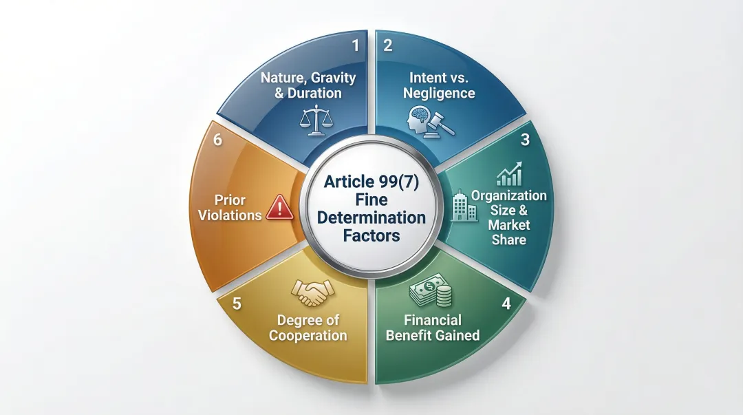 EU AI Act Article 99 fine determination six factors wheel or list infographic
