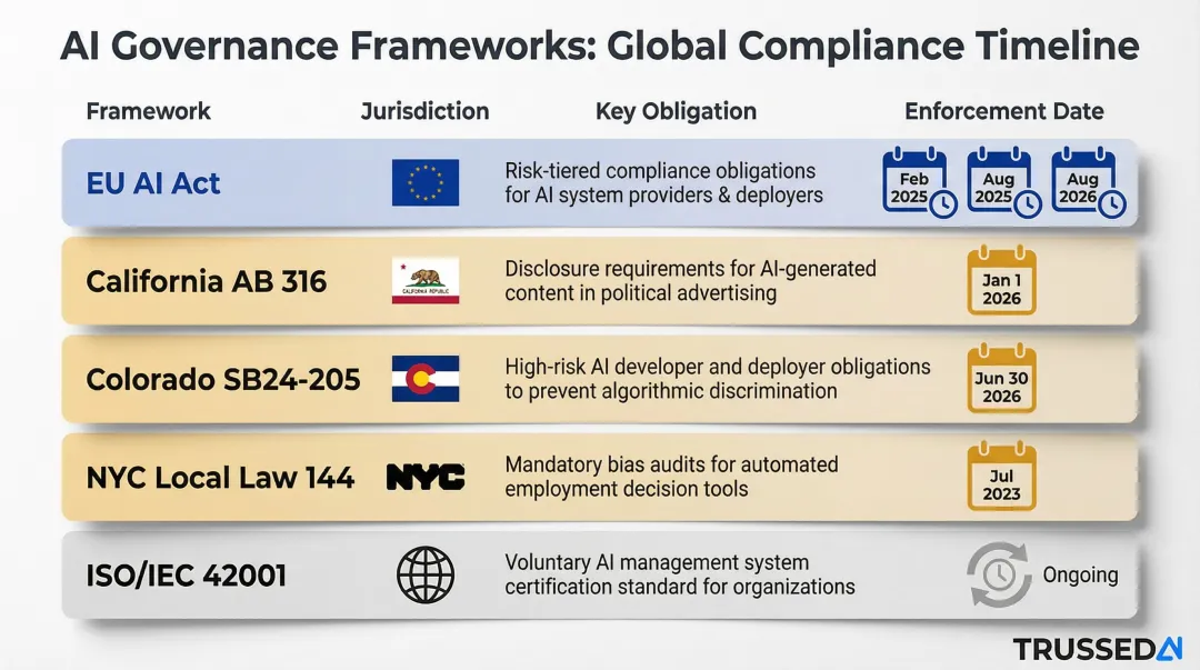 Five AI governance regulations comparison timeline EU AI Act California AB 316 NYC Law