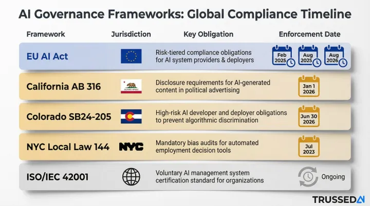 Five AI governance regulations comparison timeline EU AI Act NYC Law