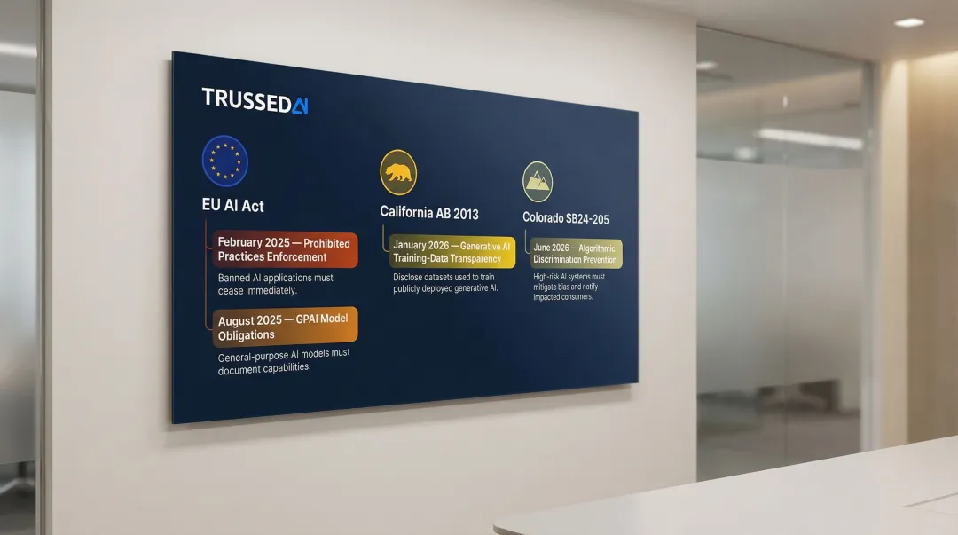 Three major AI regulations timeline with enforcement dates and requirements overview