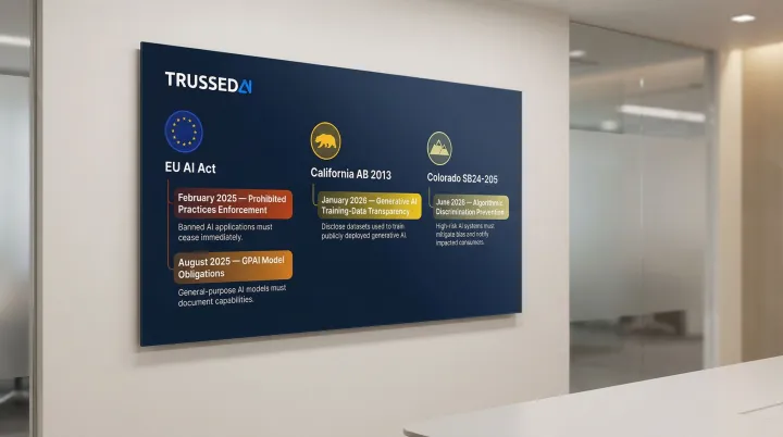 Three major AI regulations timeline with enforcement dates and requirements overview