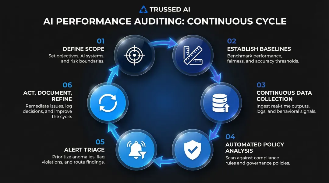 Six-stage continuous AI auditing process from scope definition to remediation and refinement