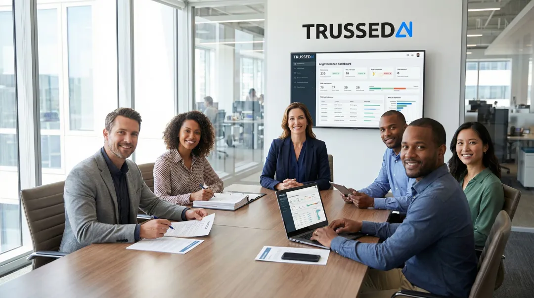 Cross-functional AI governance committee meeting with legal security and compliance leaders