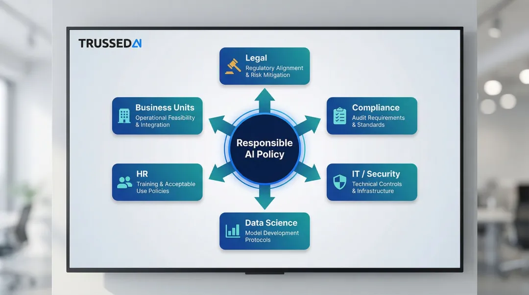 Six-team cross-functional responsible AI policy drafting process with roles and responsibilities