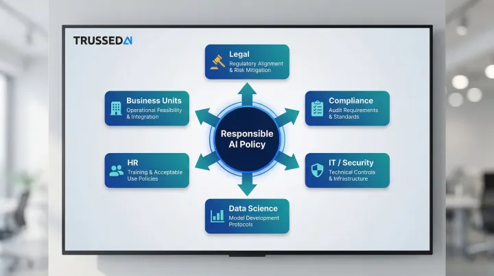 Six-team cross-functional responsible AI policy drafting process with roles and responsibilities