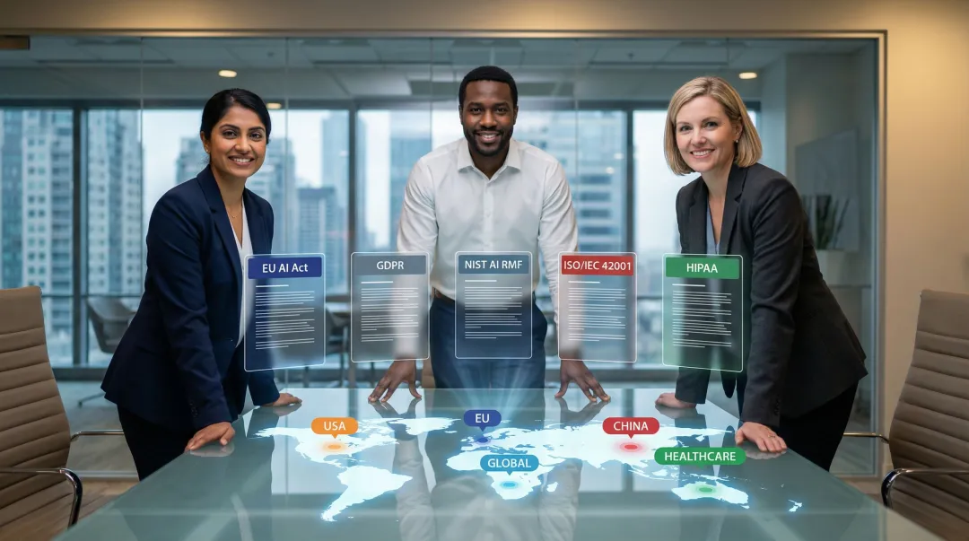 Global AI regulatory compliance frameworks map showing GDPR EU AI Act NIST and HIPAA coverage
