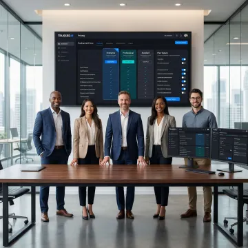 Enterprise team reviewing AI governance platform pricing tiers and deployment options on digital screens