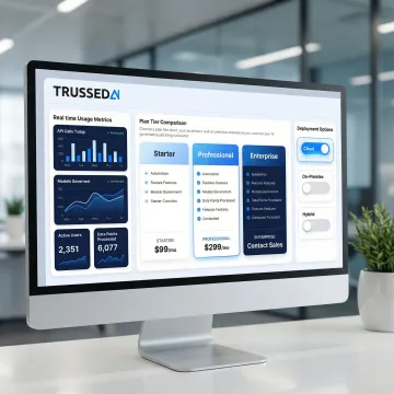 Dashboard showing AI governance platform pricing calculator with usage metrics and plan comparison