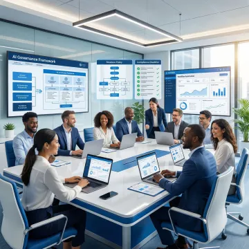Technical team collaborating on AI governance policy implementation and workflow design