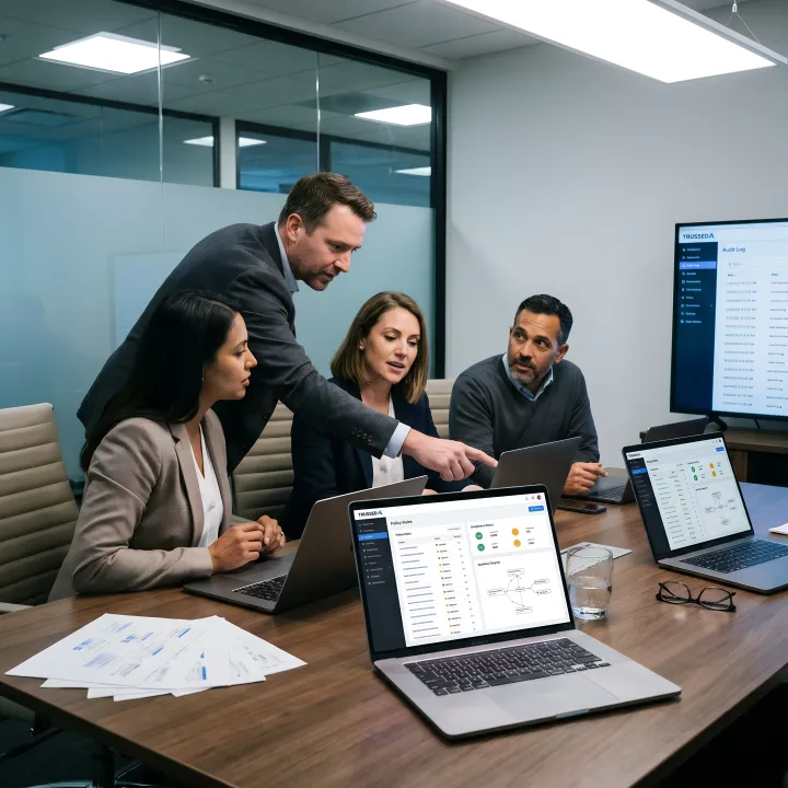 Technical team collaborating on AI governance policy implementation and workflow design