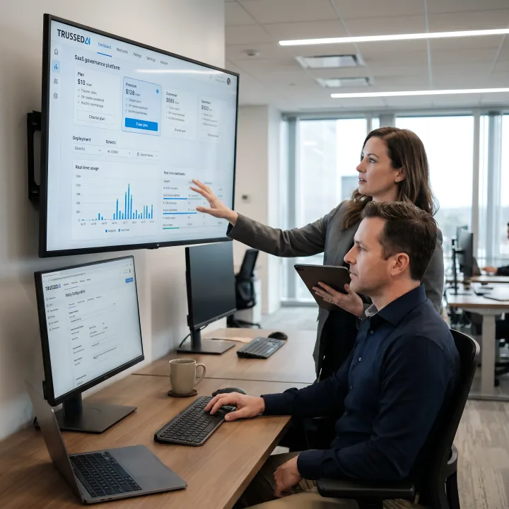 Enterprise team reviewing AI governance platform pricing tiers and deployment options on digital screens