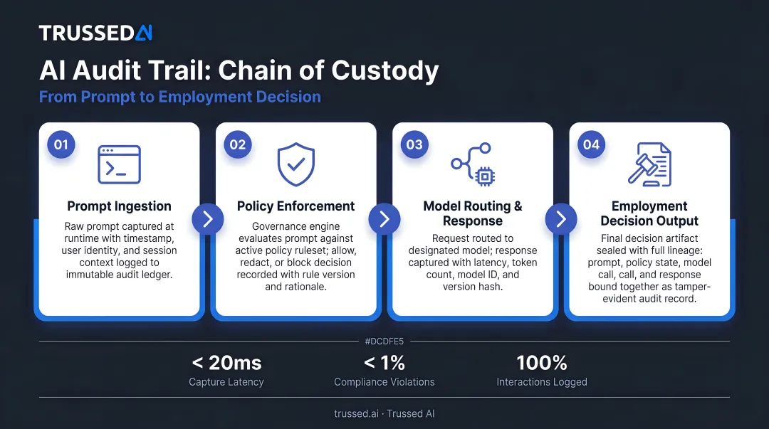 Four-element AI audit trail chain of custody from prompt to employment decision