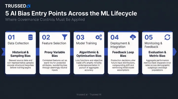 Five AI bias entry points across machine learning lifecycle stages infographic