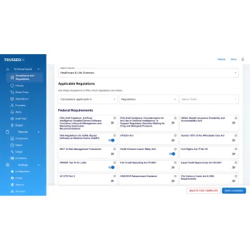 Dashboard showing AI governance platform pricing calculator with usage metrics and plan comparison