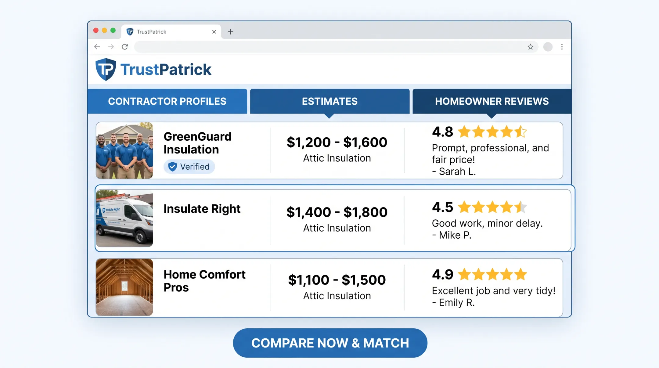 Homeowner comparing contractor quotes and reviews on TrustPatrick platform