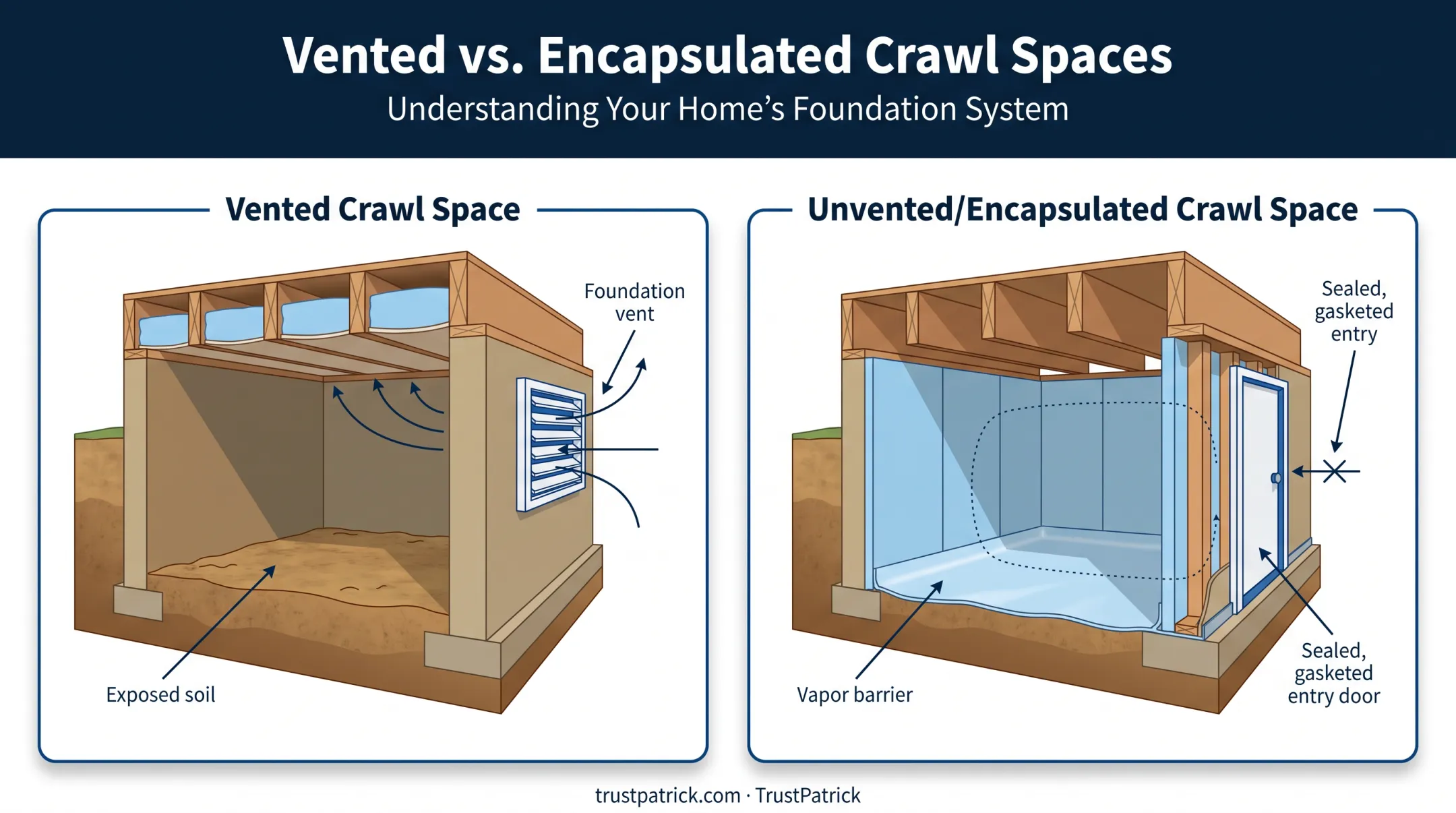 Vented versus unvented crawl space insulation approach comparison diagram