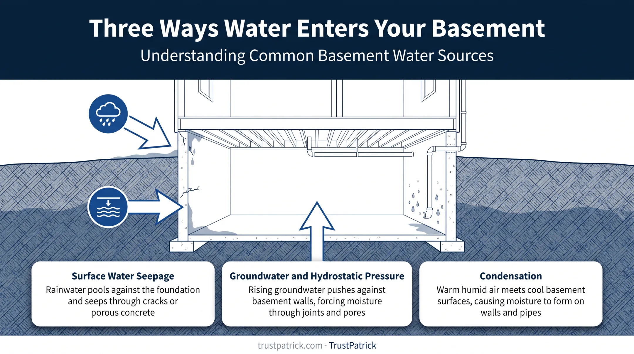 Three main sources of basement water intrusion diagram