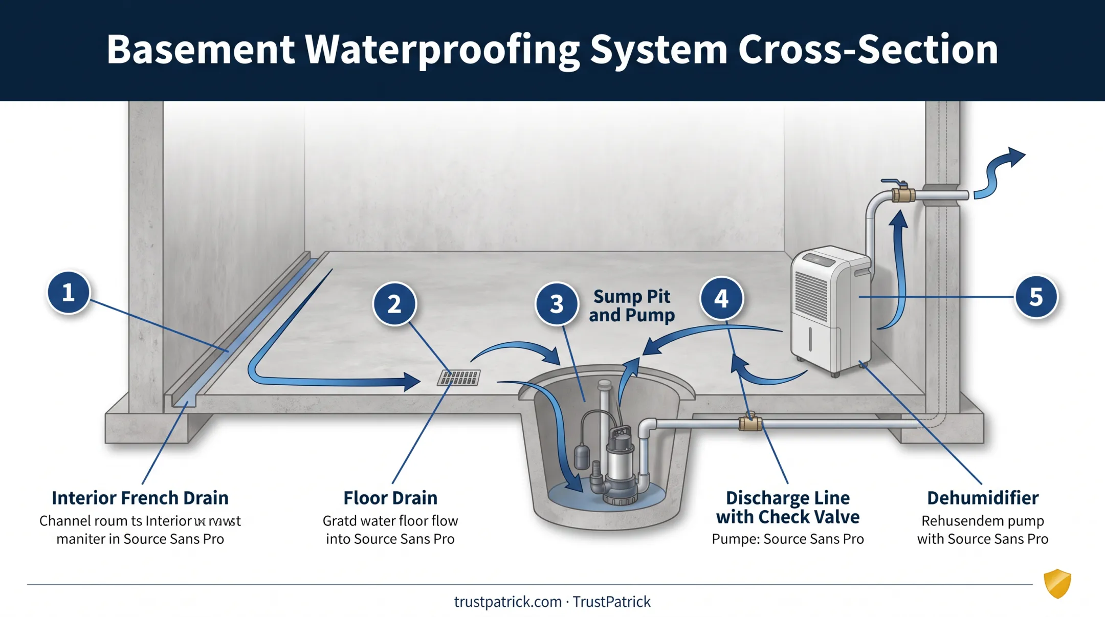Interior basement drainage system components diagram with sump pump