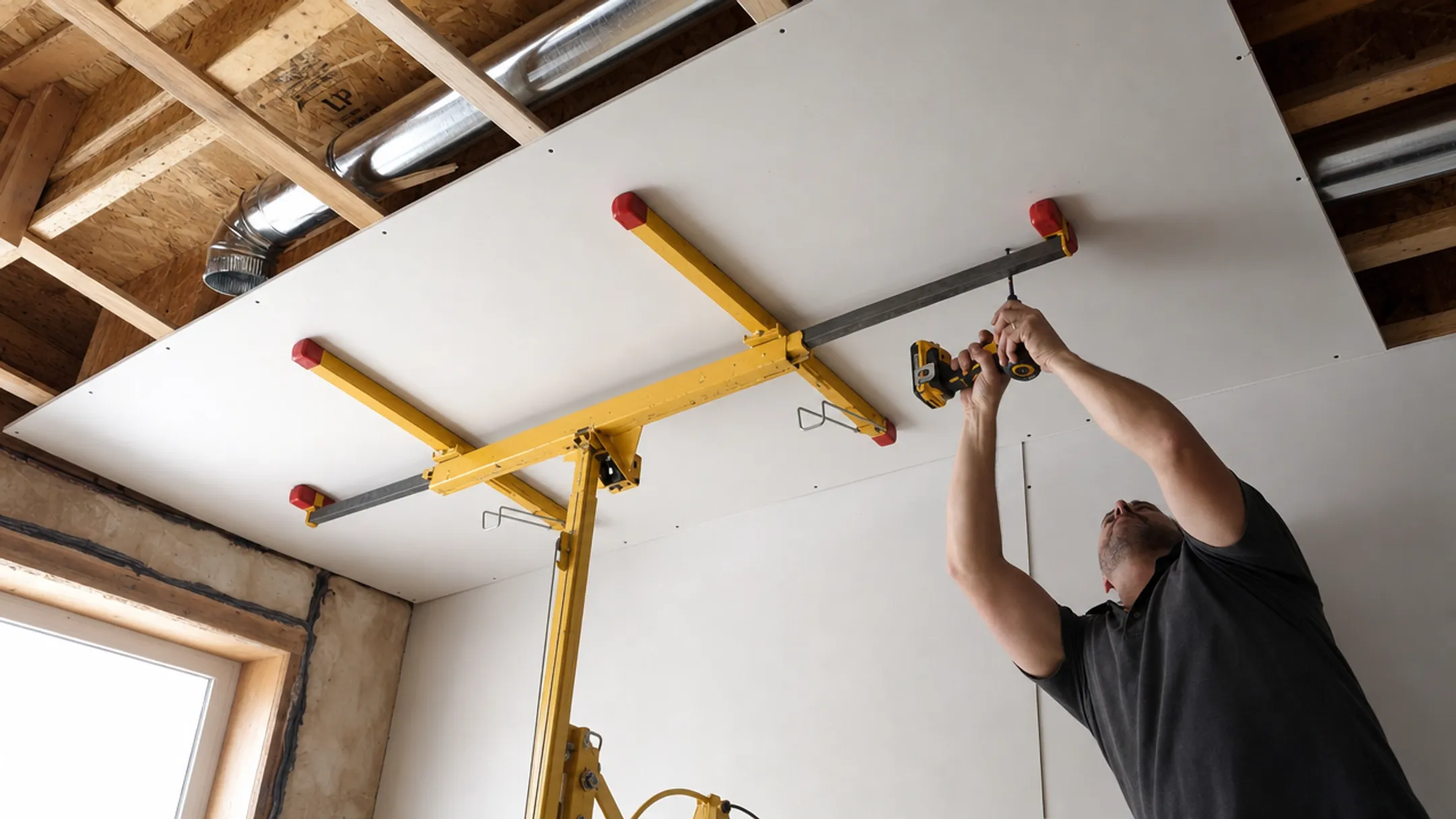 Drywall lift tool supporting ceiling panel during installation process