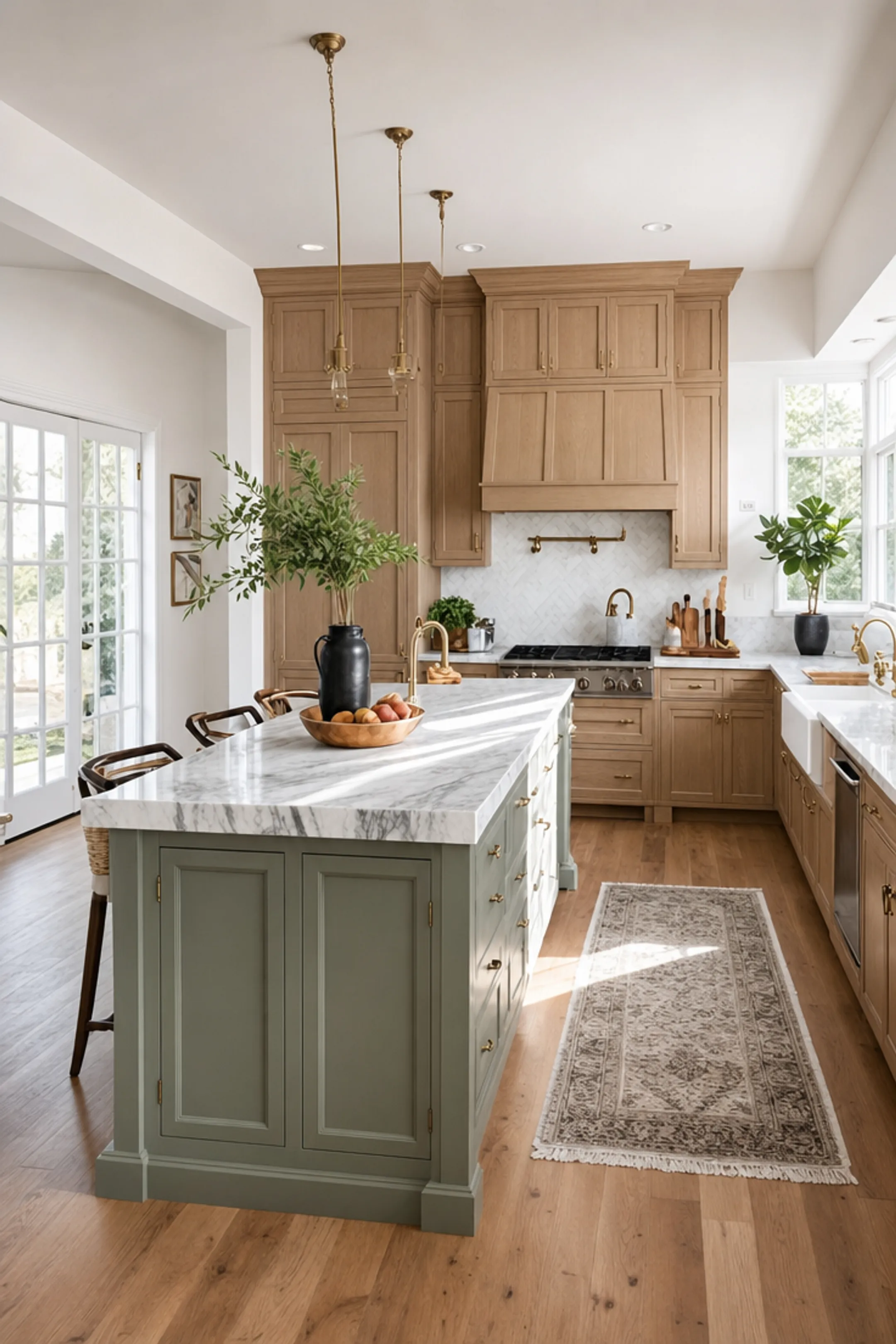 White oak kitchen cabinets paired with sage green island and marble counters