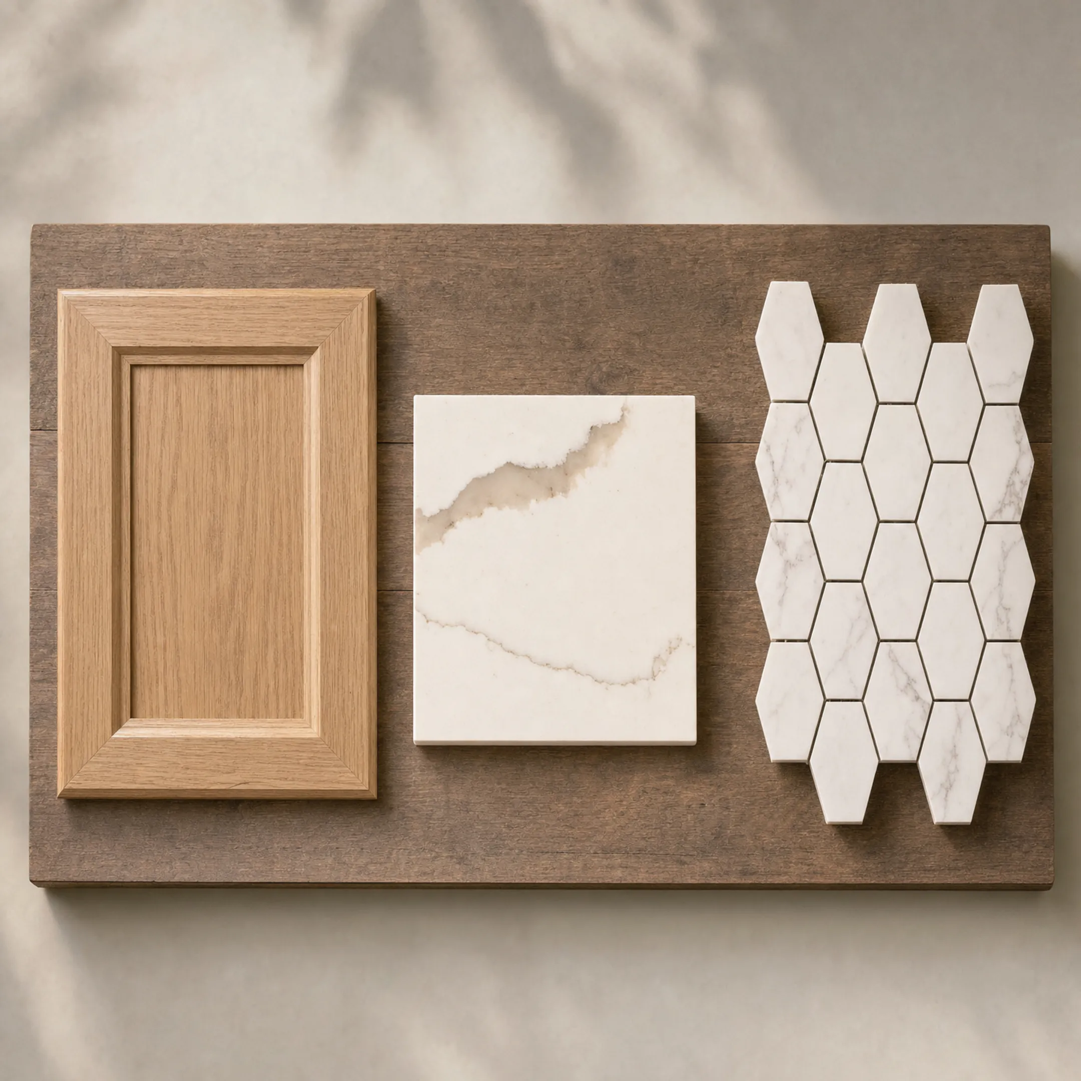 Cabinet door countertop and flooring samples arranged for comparison
