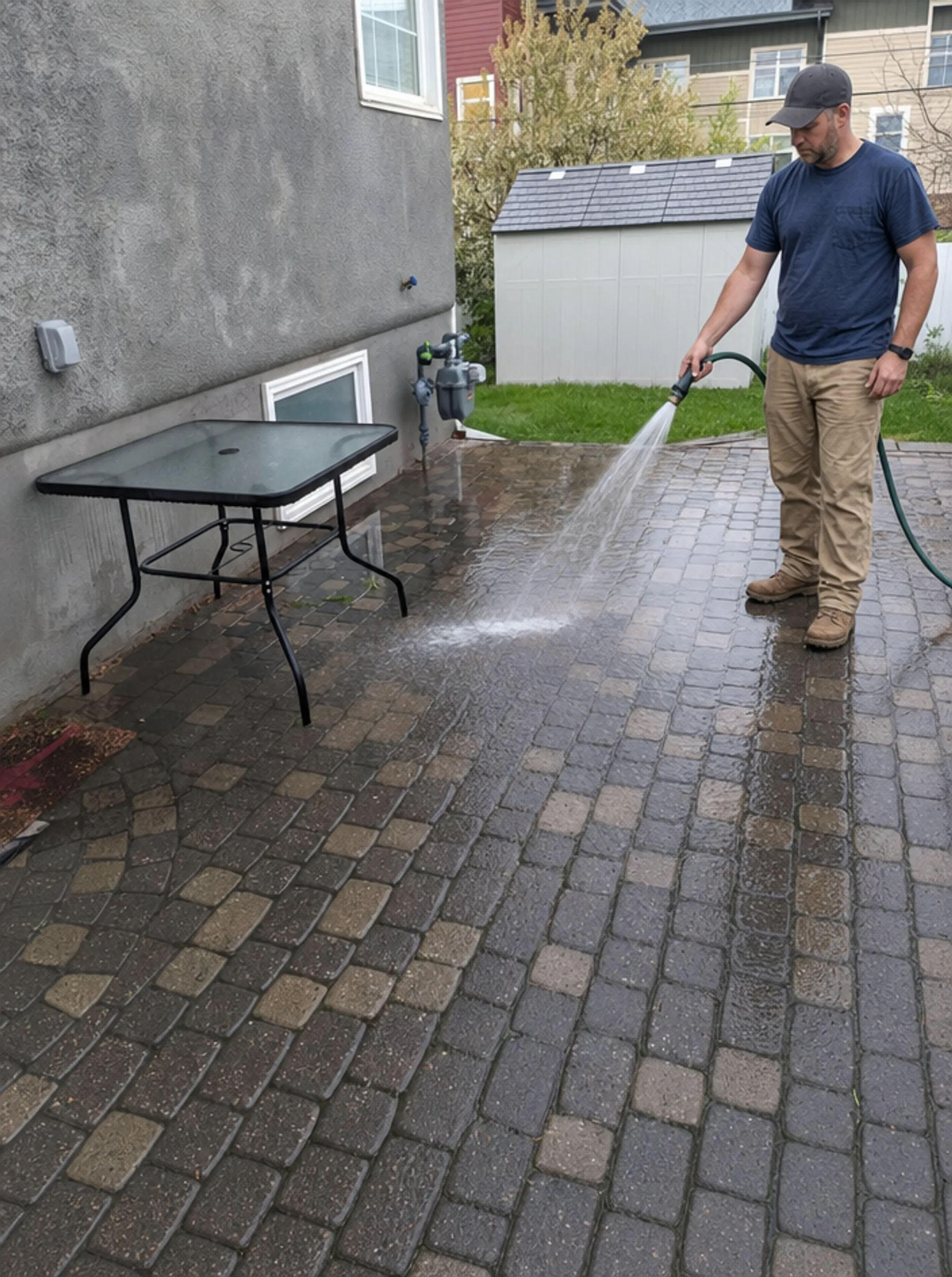 Homeowner inspecting patio paver surface for drainage and levelness