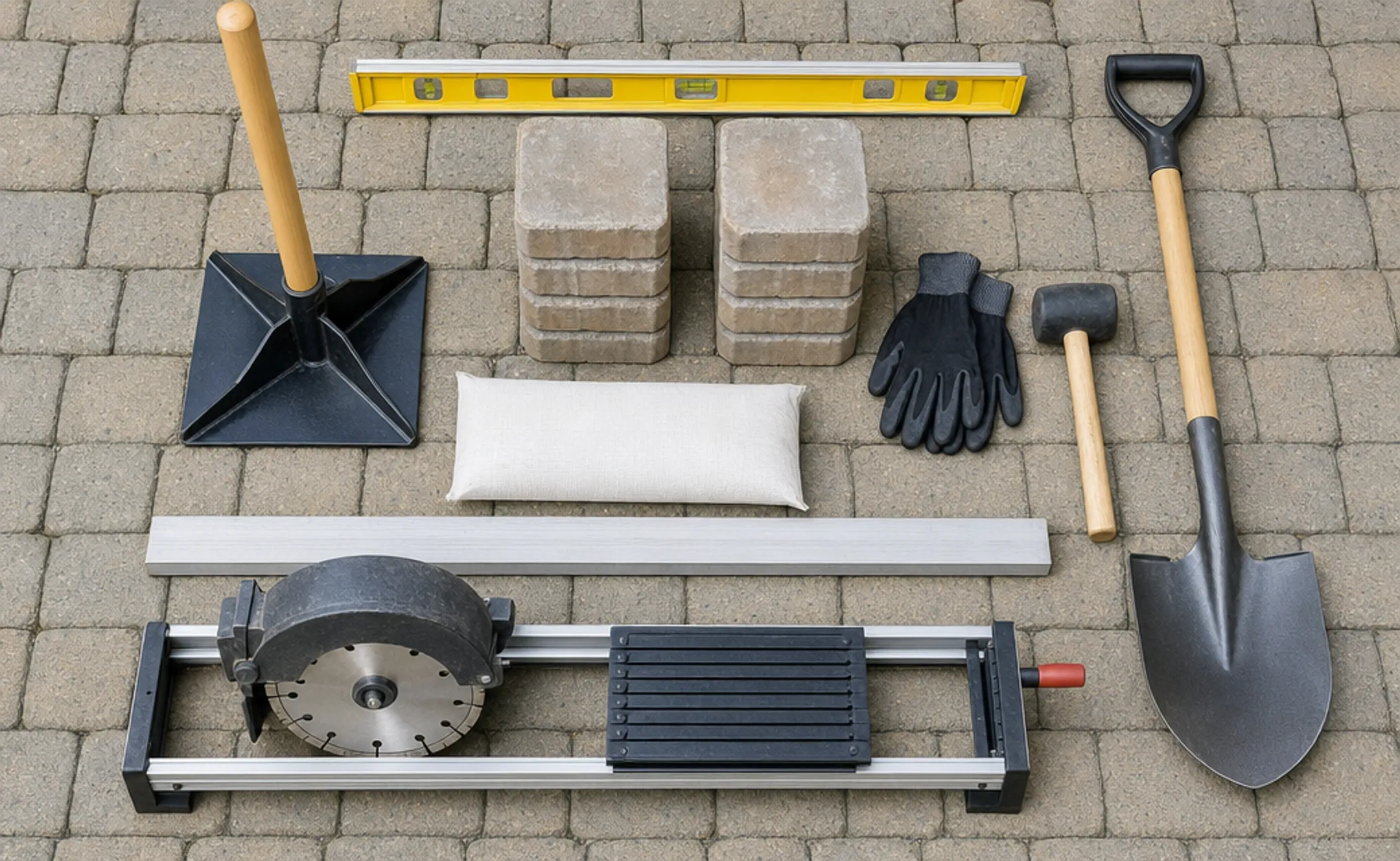 Essential hand tools for patio paver installation laid out