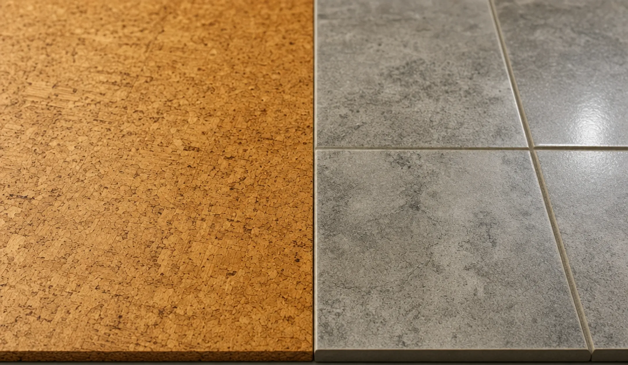 Cork and tile flooring samples showing texture and finish differences