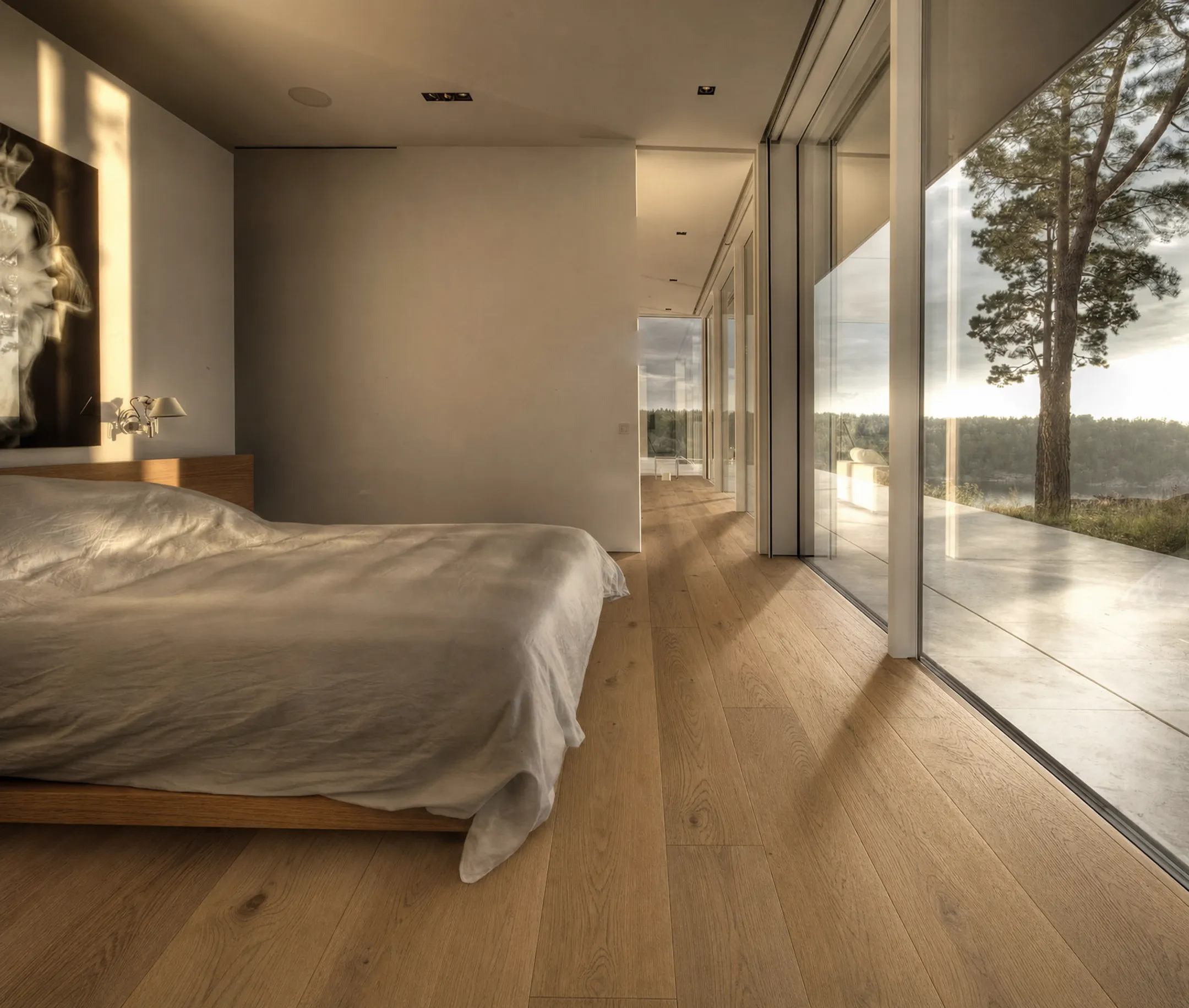 Wide-plank engineered hardwood flooring in matte warm neutral finish