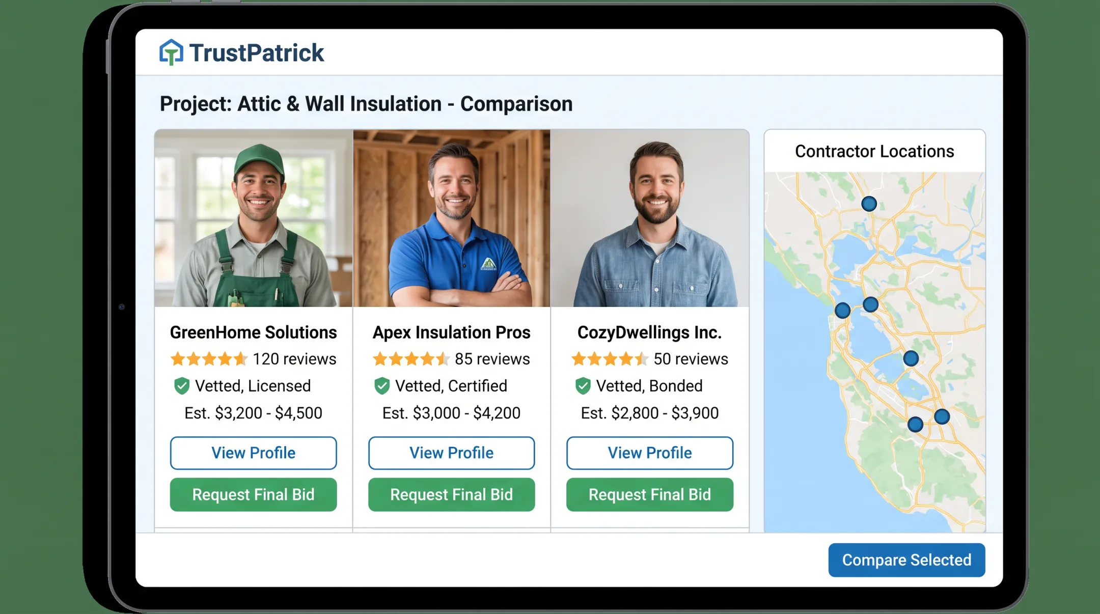 Homeowner comparing contractor estimates on TrustPatrick platform interface