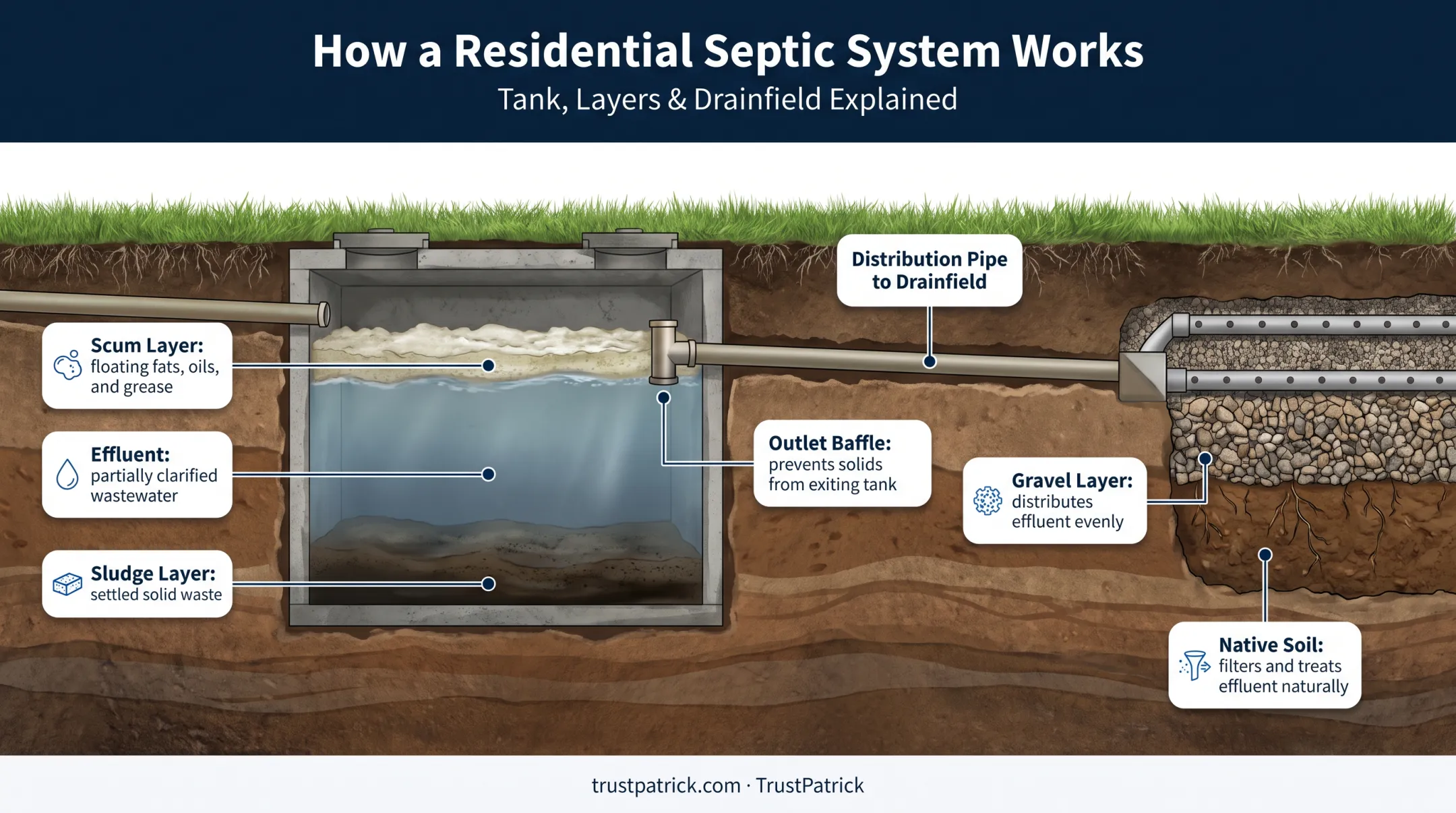 Septic system cross-section diagram showing tank layers and drainfield