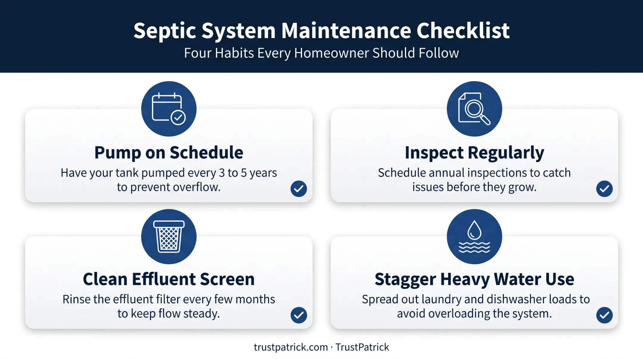 Four essential septic system maintenance habits checklist infographic