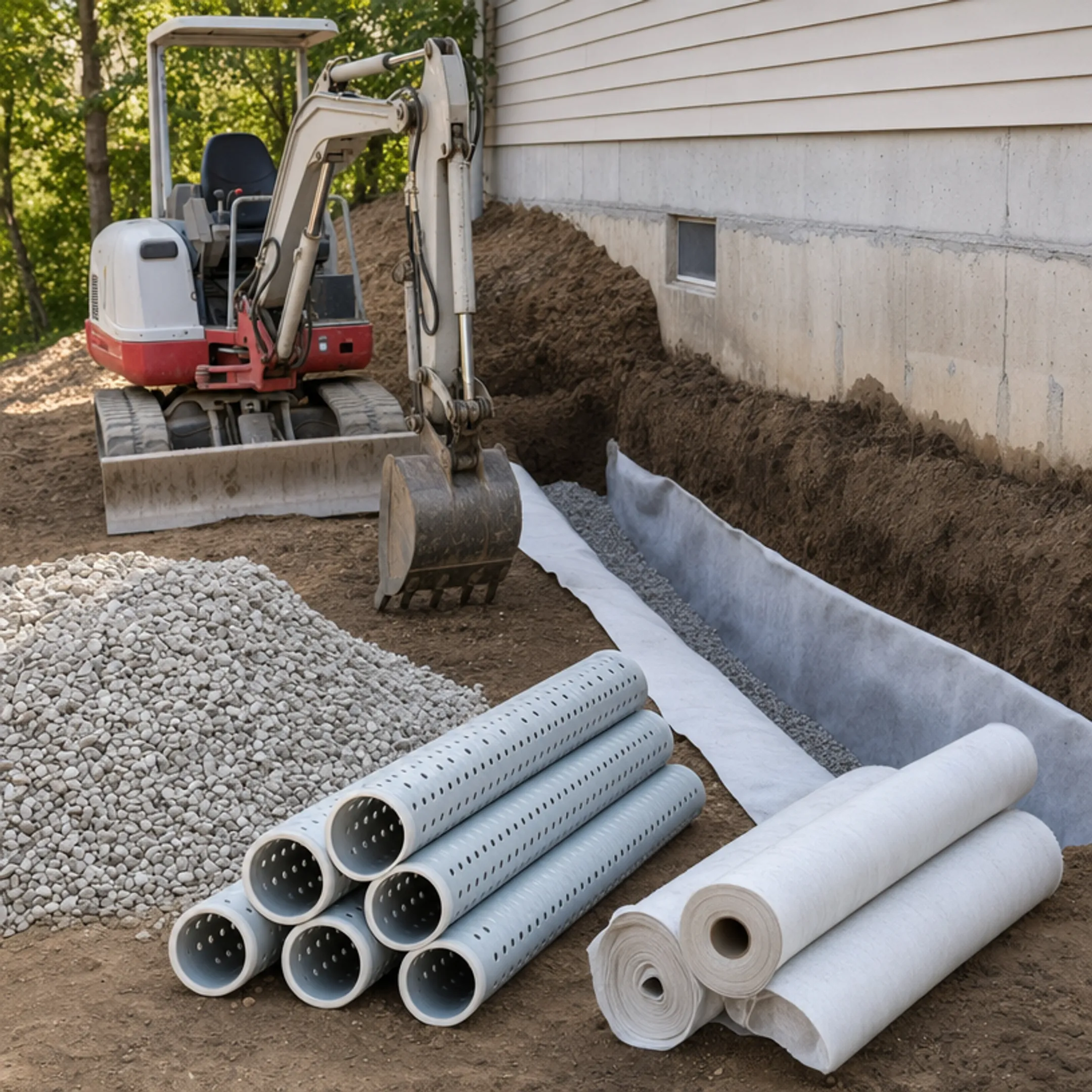Trenching equipment and drainage materials laid out for foundation drain installation