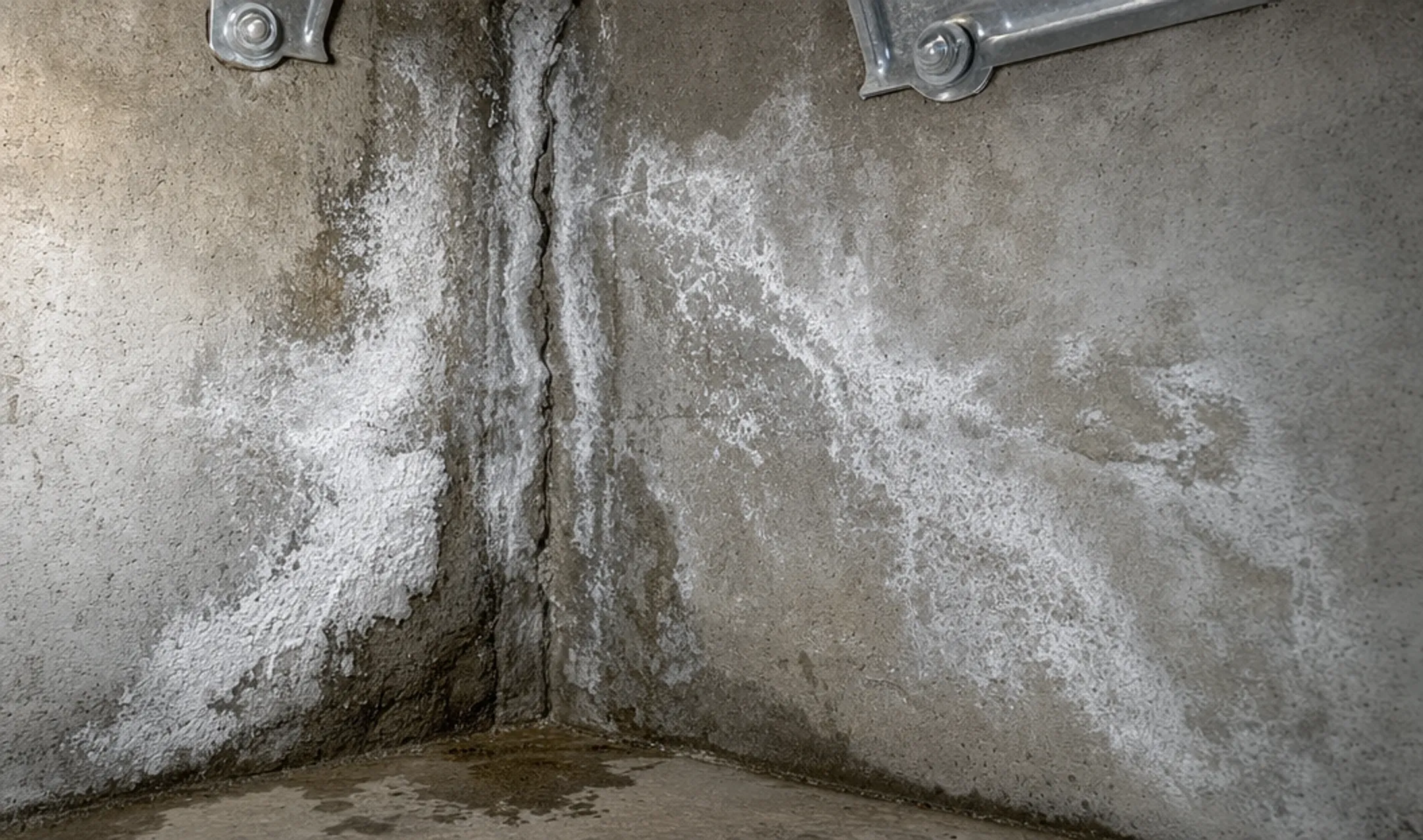 Basement wall showing efflorescence staining and foundation crack damage